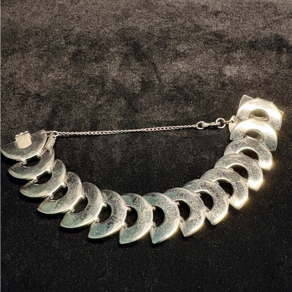 Vintage Monet Silver Tone Brutalist Crescent Link Bracelet with Safety Chain